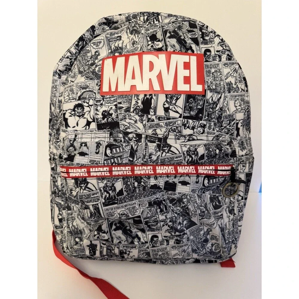 Marvel comic book pattern backpack -white&blk With Red Trim